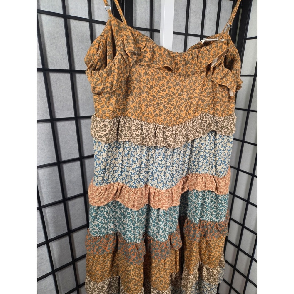 Storia Floral Tiered Ruffle Mini Dress Multi Color Boho Spaghetti Strap Small